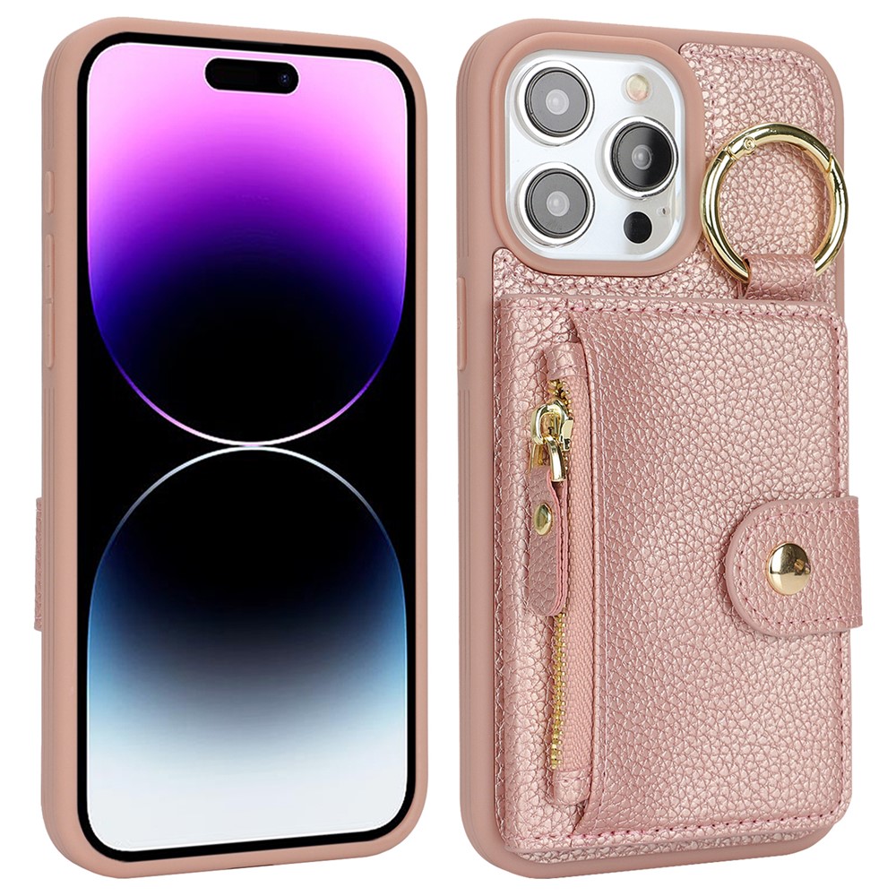 For iPhone 14 Pro Max Case Litchi Textured PU Leather + TPU Kickstand Phone Cover with Card Slot - Pink