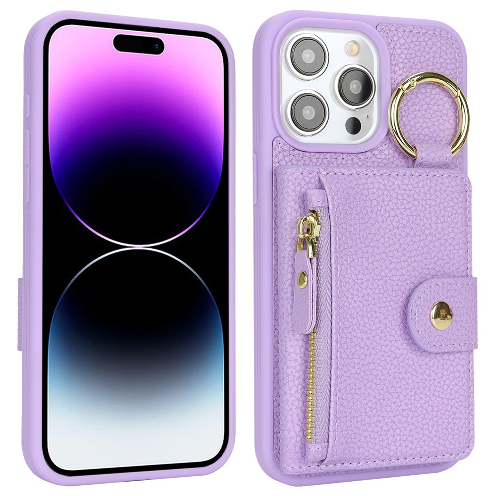 For iPhone 14 Pro Max Case Litchi Textured PU Leather + TPU Kickstand Phone Cover with Card Slot - Purple