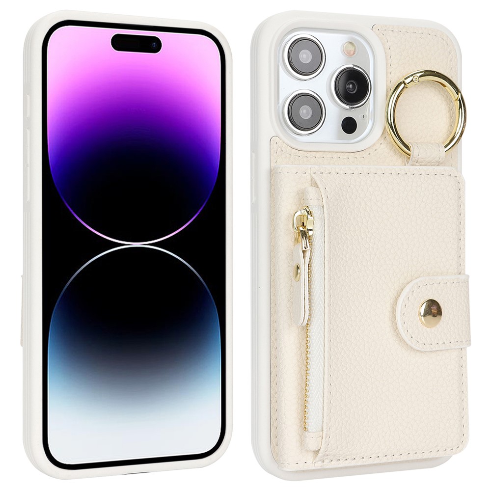 For iPhone 14 Pro Max Case Litchi Textured PU Leather + TPU Kickstand Phone Cover with Card Slot - White
