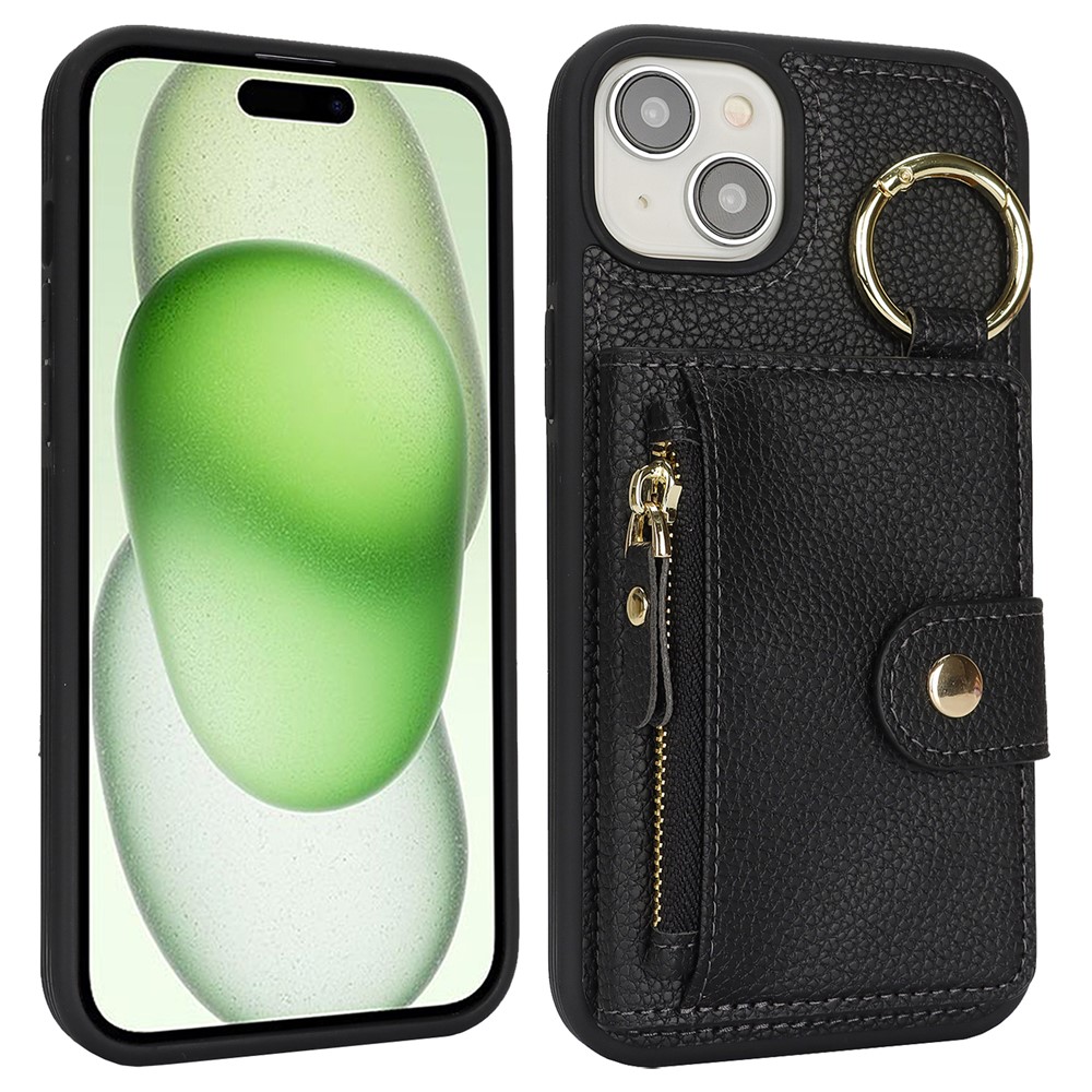 For iPhone 15 Plus / 14 Plus Case Litchi Textured PU Leather + TPU Kickstand Phone Cover with Card Slot - Black