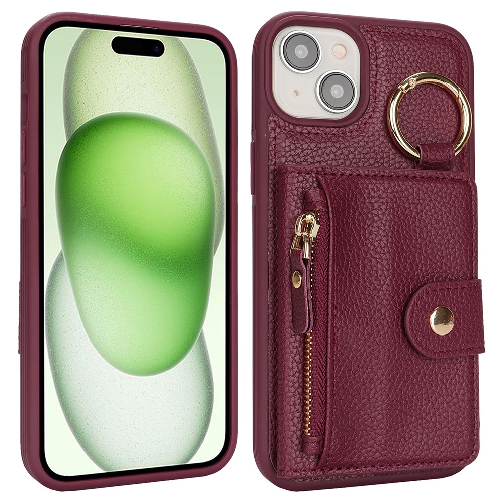 For iPhone 15 Plus / 14 Plus Case Litchi Textured PU Leather + TPU Kickstand Phone Cover with Card Slot - Wine Red