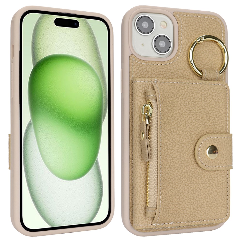 For iPhone 15 Plus / 14 Plus Case Litchi Textured PU Leather + TPU Kickstand Phone Cover with Card Slot - Beige