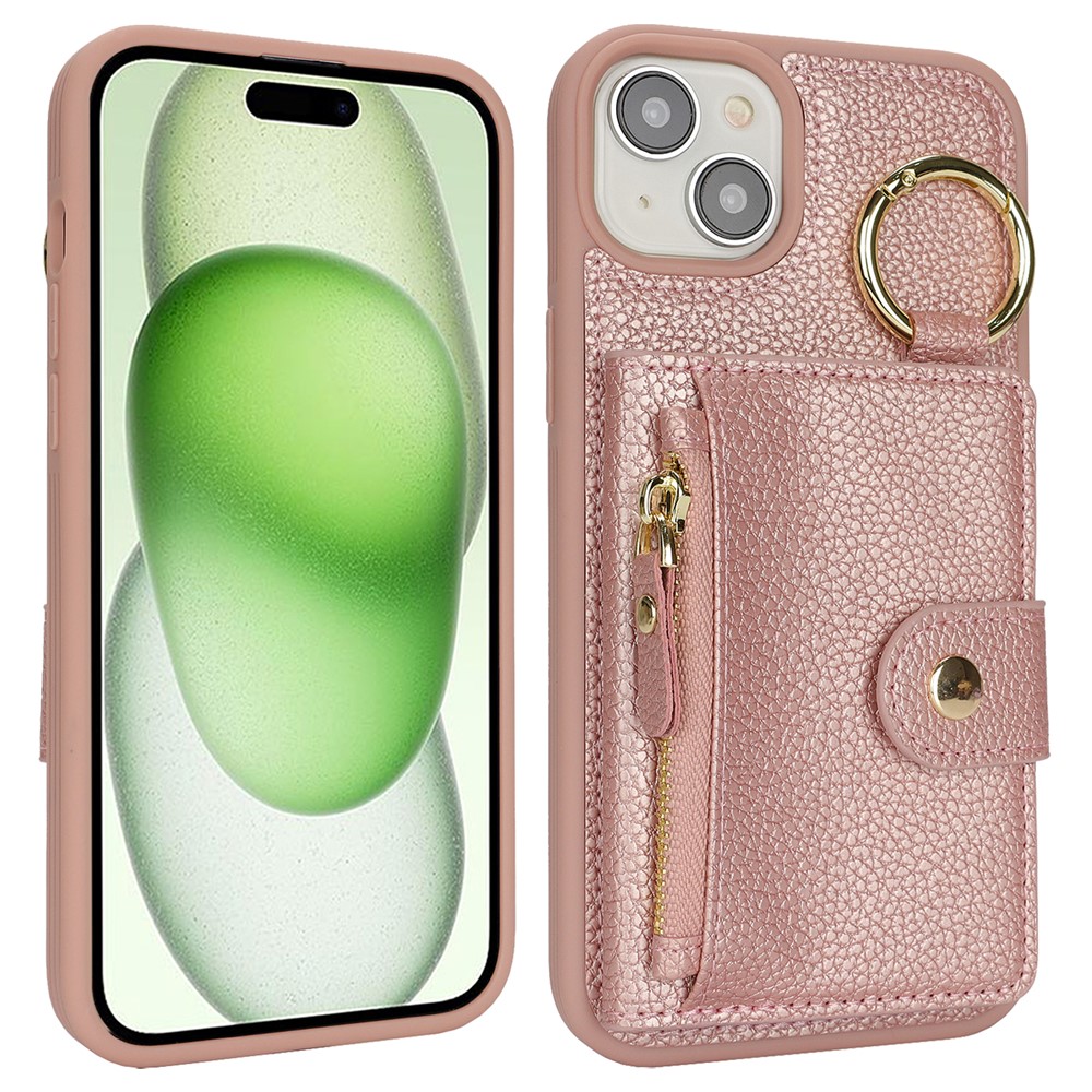 For iPhone 15 Plus / 14 Plus Case Litchi Textured PU Leather + TPU Kickstand Phone Cover with Card Slot - Pink