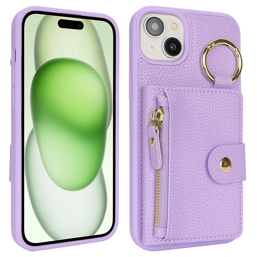 For iPhone 15 Plus / 14 Plus Case Litchi Textured PU Leather + TPU Kickstand Phone Cover with Card Slot - Purple