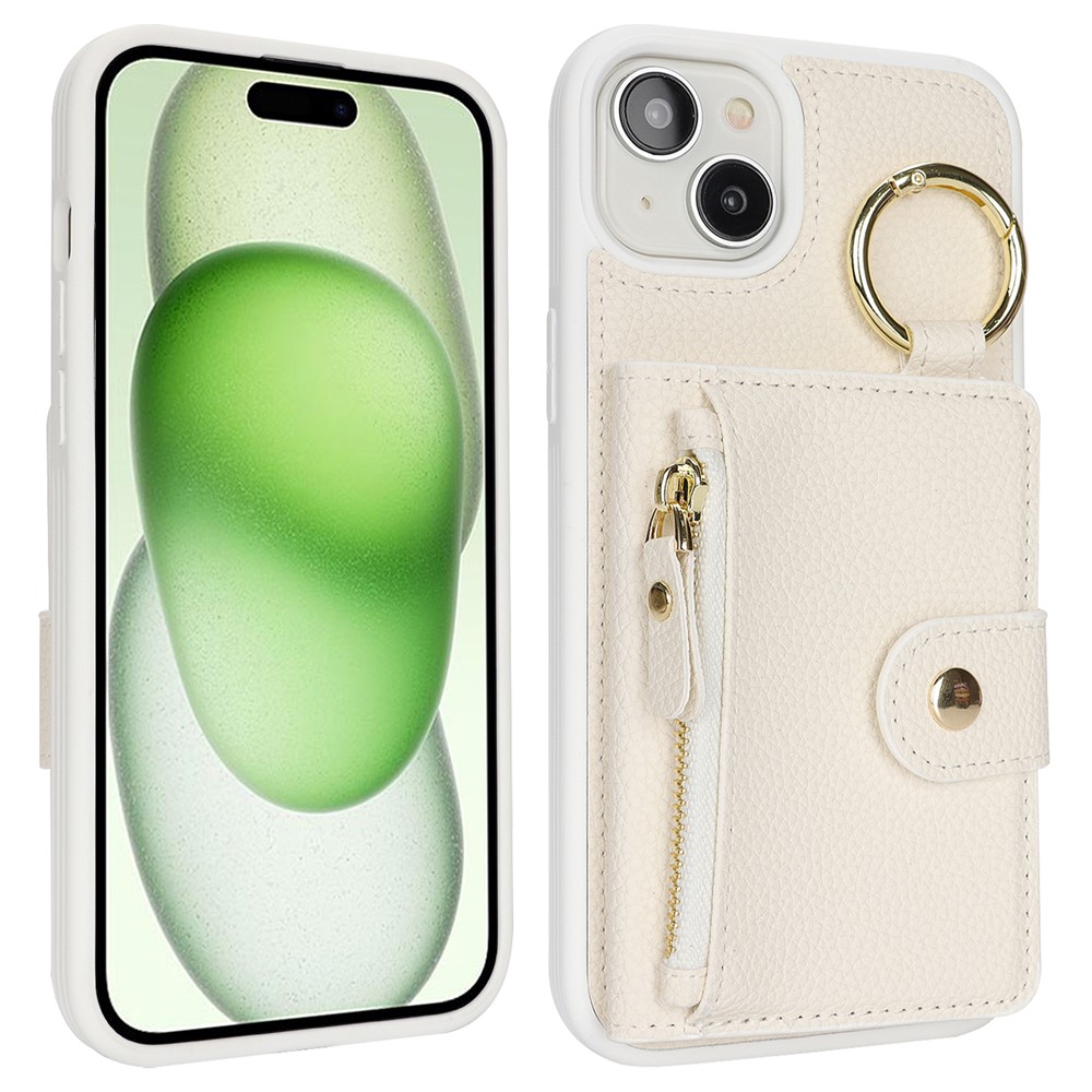 For iPhone 15 Plus / 14 Plus Case Litchi Textured PU Leather + TPU Kickstand Phone Cover with Card Slot - White