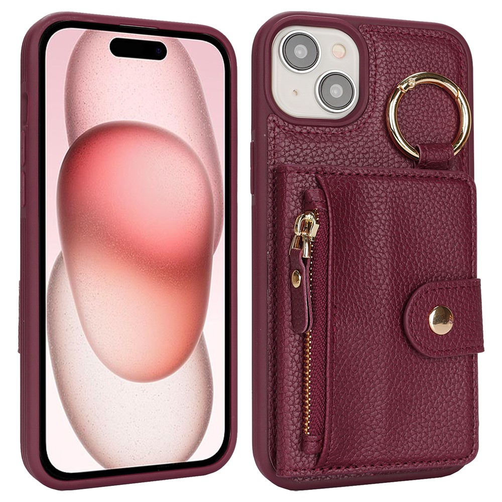 For iPhone 15 Case Litchi Textured PU Leather + TPU Kickstand Phone Cover with Card Slot - Wine Red