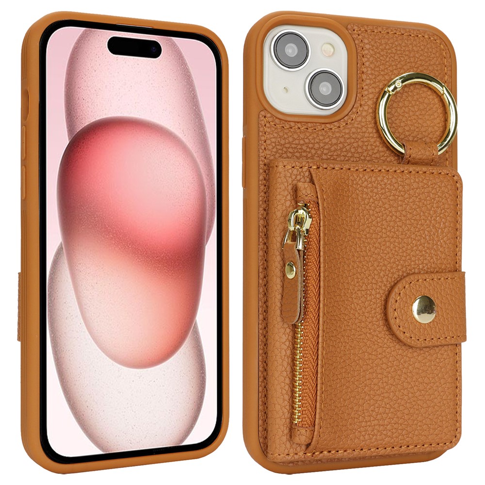 For iPhone 15 Case Litchi Textured PU Leather + TPU Kickstand Phone Cover with Card Slot - Brown