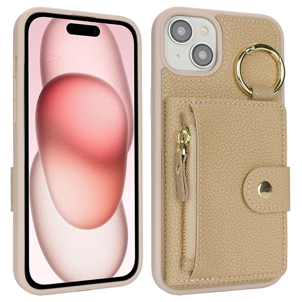 For iPhone 15 Case Litchi Textured PU Leather + TPU Kickstand Phone Cover with Card Slot - Beige