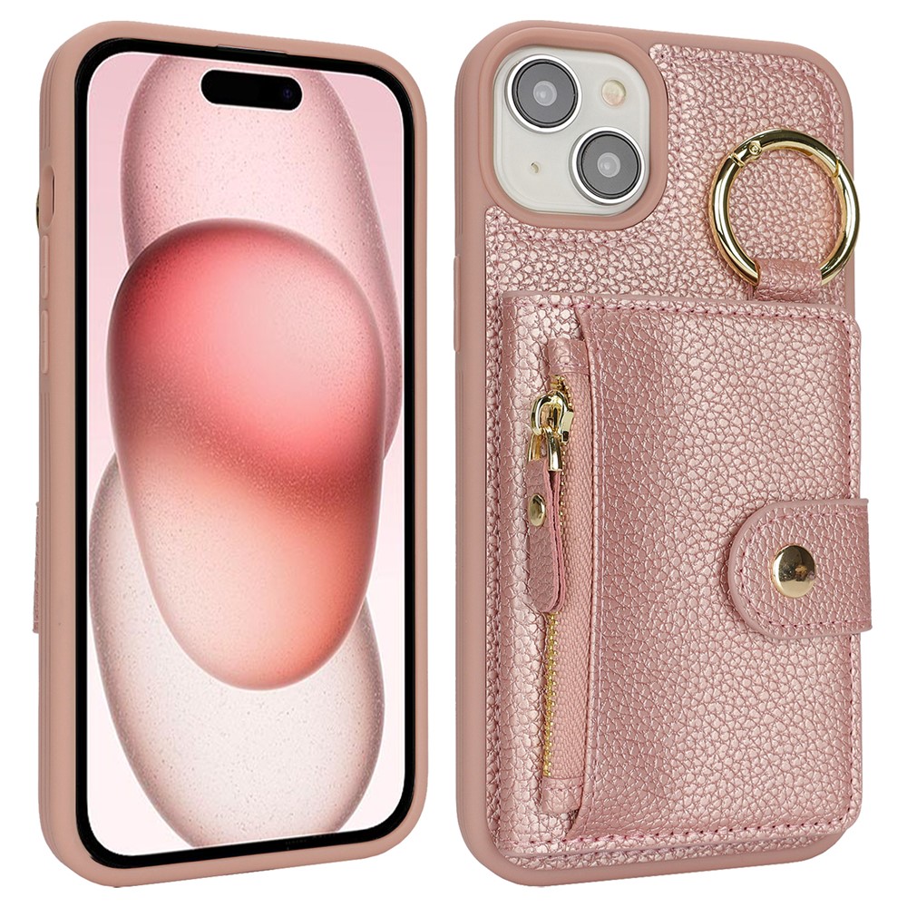 For iPhone 15 Case Litchi Textured PU Leather + TPU Kickstand Phone Cover with Card Slot - Pink