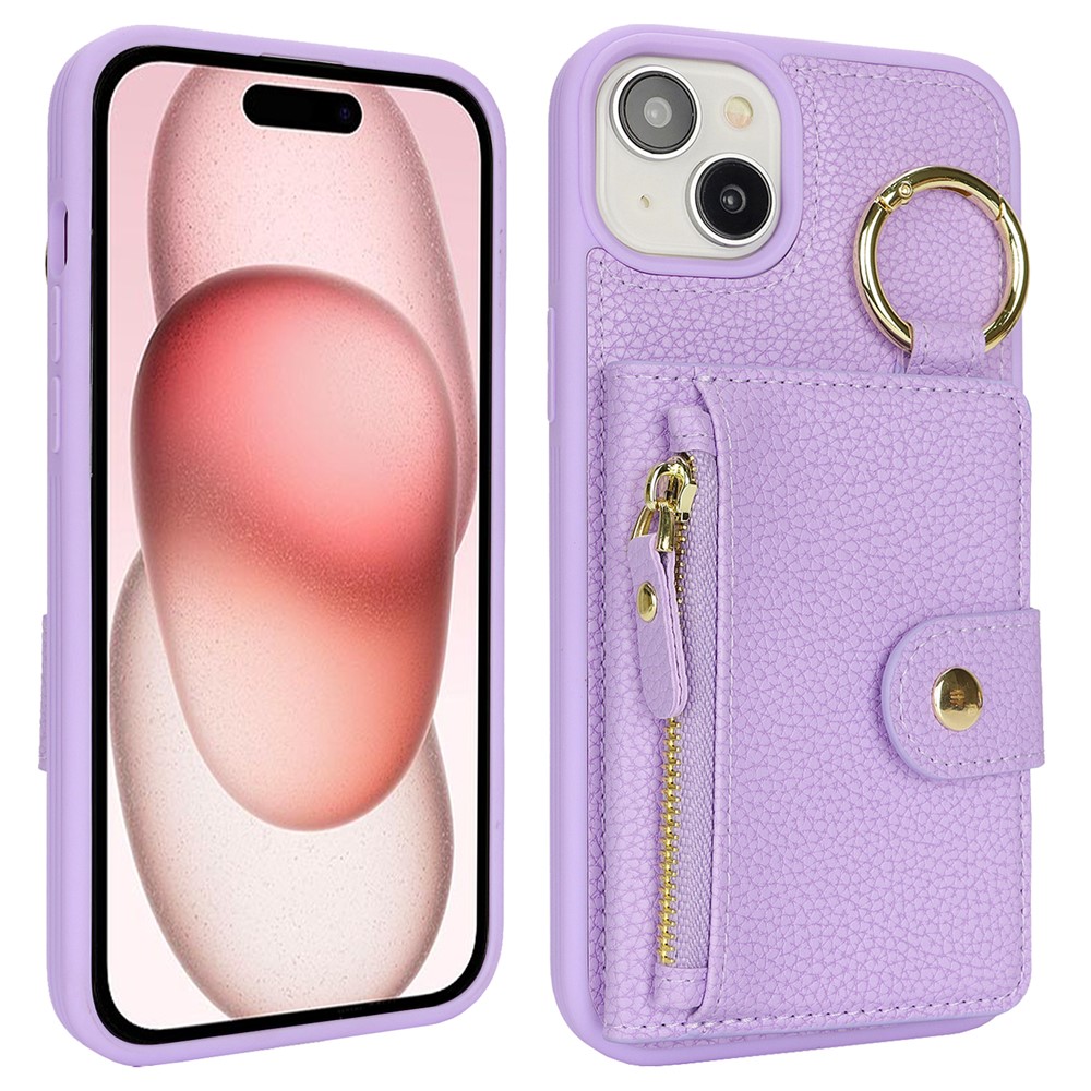For iPhone 15 Case Litchi Textured PU Leather + TPU Kickstand Phone Cover with Card Slot - Purple
