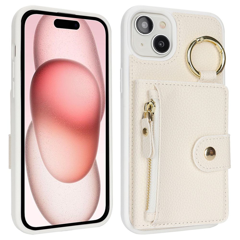 For iPhone 15 Case Litchi Textured PU Leather + TPU Kickstand Phone Cover with Card Slot - White