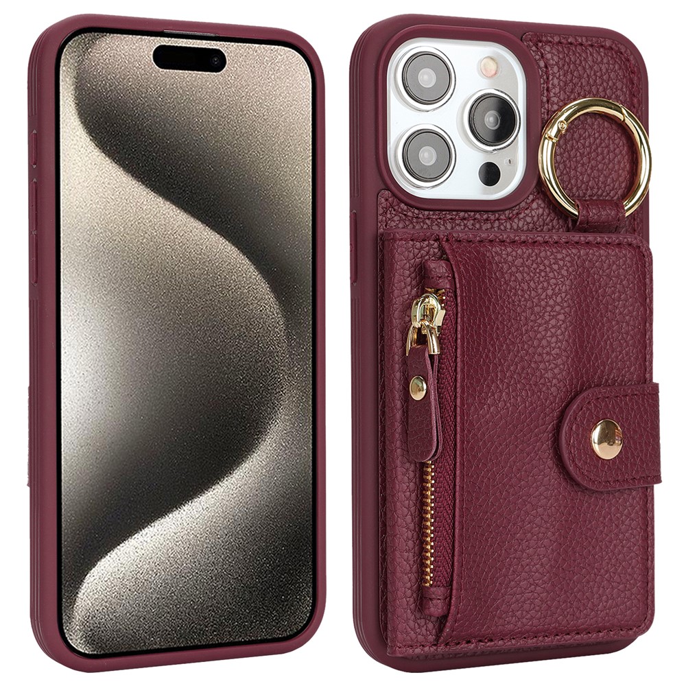 For iPhone 15 Pro Max Case Litchi Textured PU Leather + TPU Kickstand Phone Cover with Card Slot - Wine Red