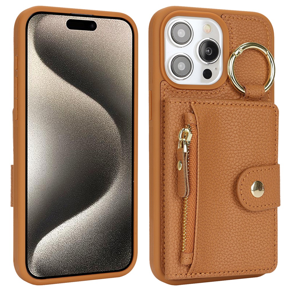 For iPhone 15 Pro Max Case Litchi Textured PU Leather + TPU Kickstand Phone Cover with Card Slot - Brown