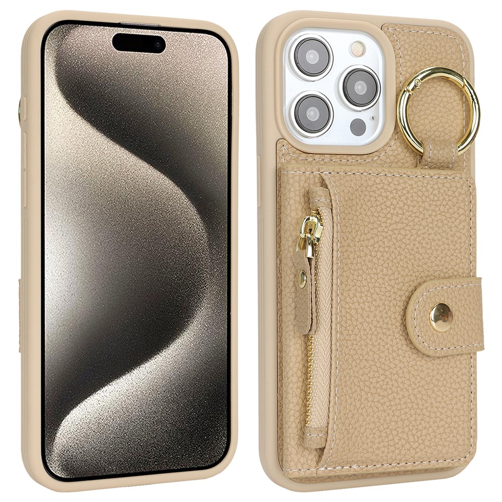 For iPhone 15 Pro Max Case Litchi Textured PU Leather + TPU Kickstand Phone Cover with Card Slot - Beige