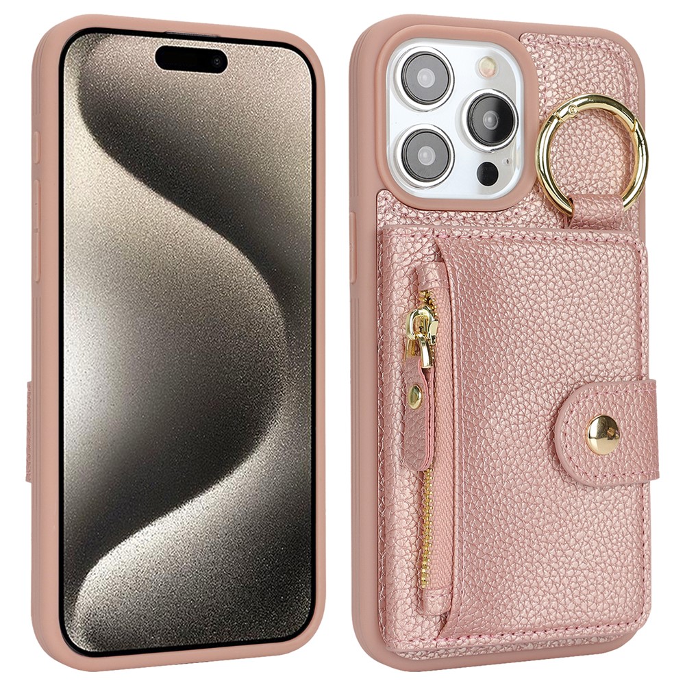 For iPhone 15 Pro Max Case Litchi Textured PU Leather + TPU Kickstand Phone Cover with Card Slot - Pink