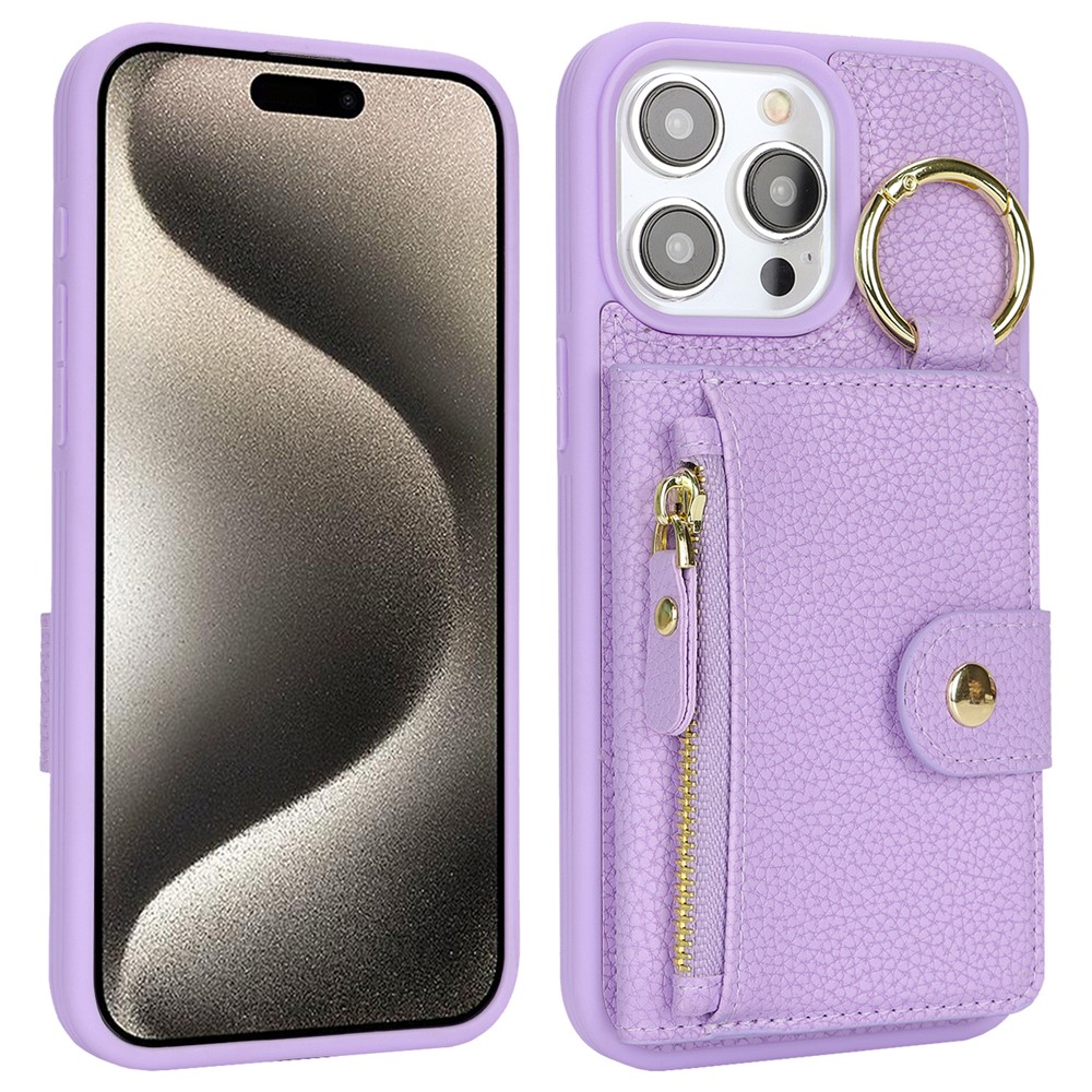 For iPhone 15 Pro Max Case Litchi Textured PU Leather + TPU Kickstand Phone Cover with Card Slot - Purple