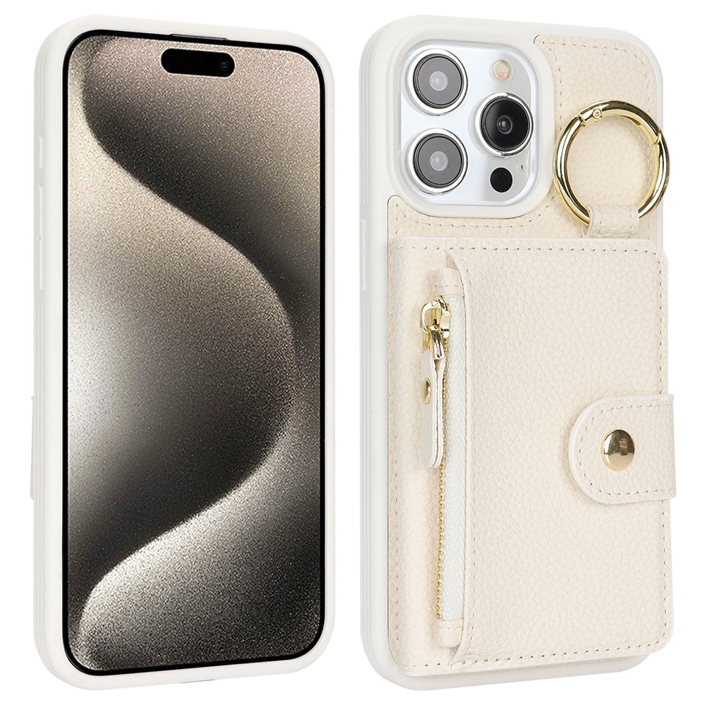 For iPhone 15 Pro Max Case Litchi Textured PU Leather + TPU Kickstand Phone Cover with Card Slot - White