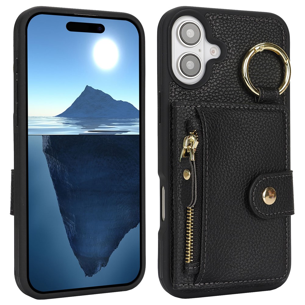 For iPhone 16 Plus Case Litchi Textured PU Leather + TPU Kickstand Phone Cover with Card Slot - Black