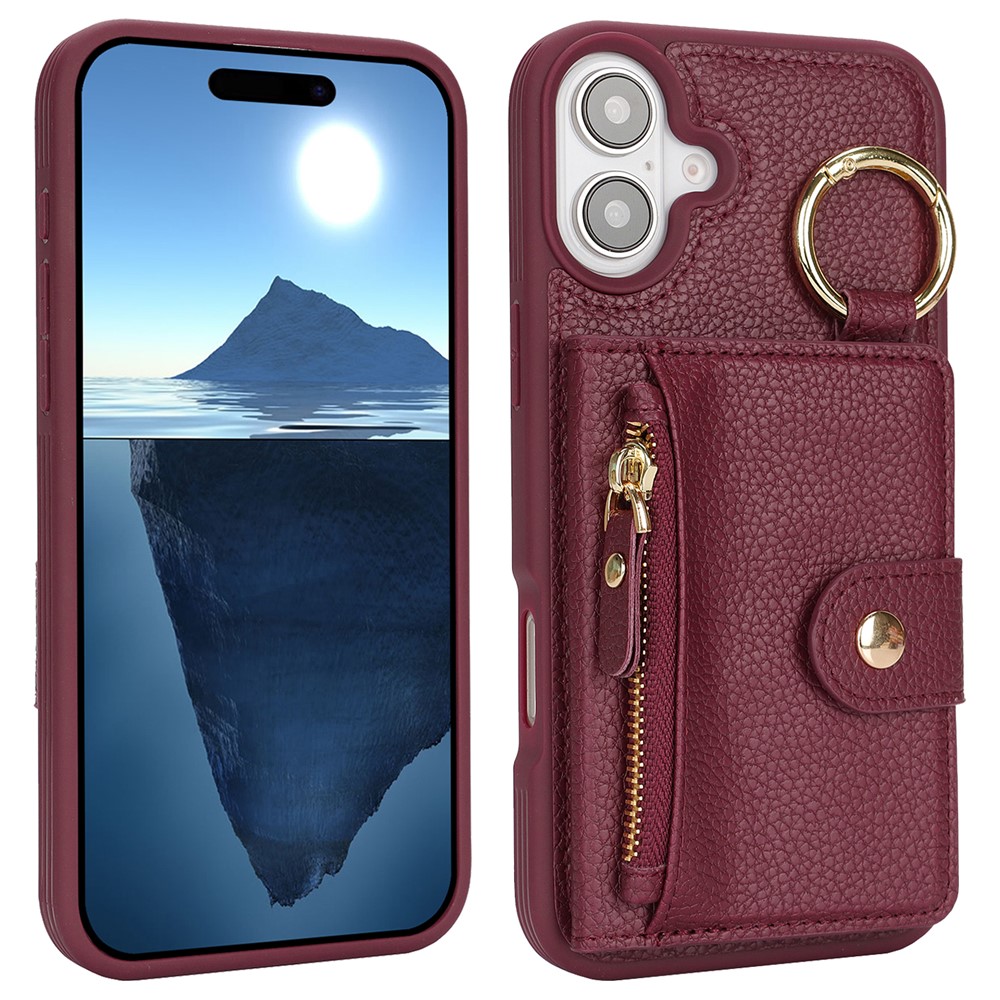 For iPhone 16 Plus Case Litchi Textured PU Leather + TPU Kickstand Phone Cover with Card Slot - Wine Red