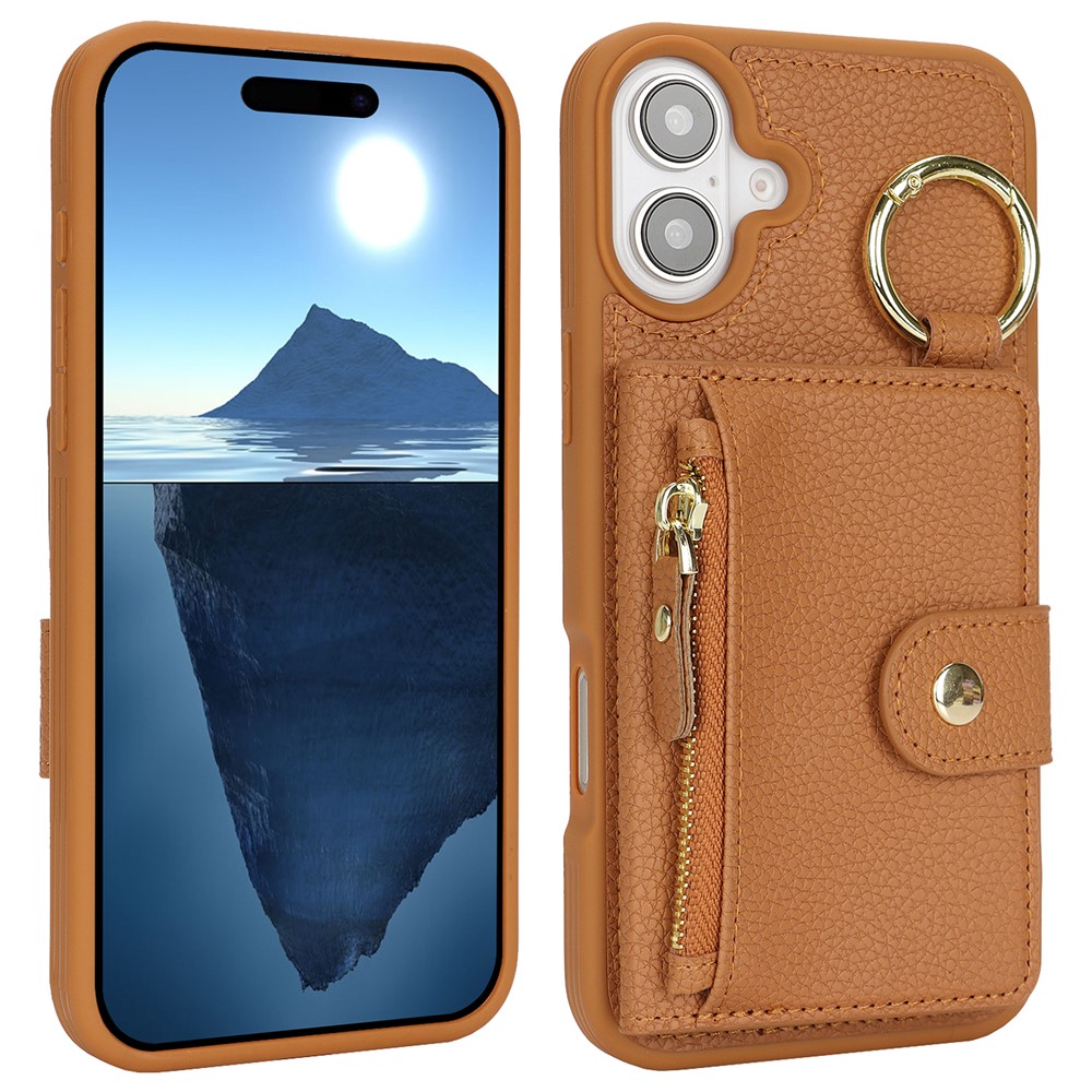 For iPhone 16 Plus Case Litchi Textured PU Leather + TPU Kickstand Phone Cover with Card Slot - Brown