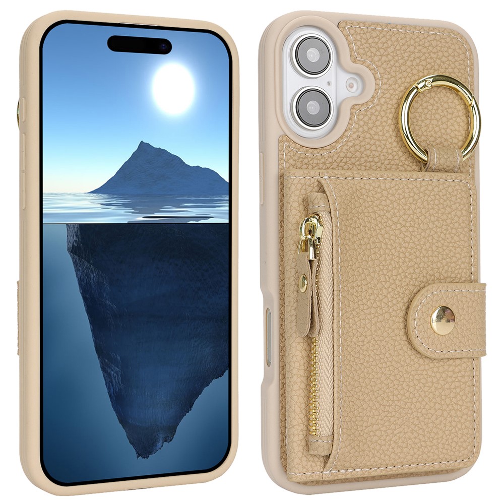For iPhone 16 Plus Case Litchi Textured PU Leather + TPU Kickstand Phone Cover with Card Slot - Beige