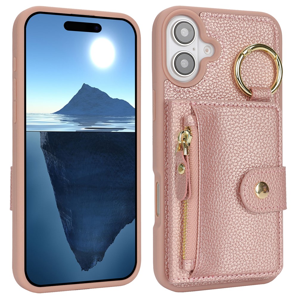 For iPhone 16 Plus Case Litchi Textured PU Leather + TPU Kickstand Phone Cover with Card Slot - Pink