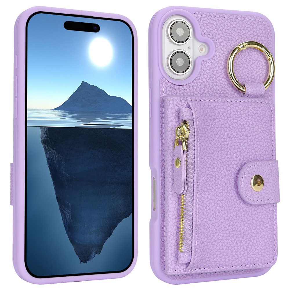 For iPhone 16 Plus Case Litchi Textured PU Leather + TPU Kickstand Phone Cover with Card Slot - Purple