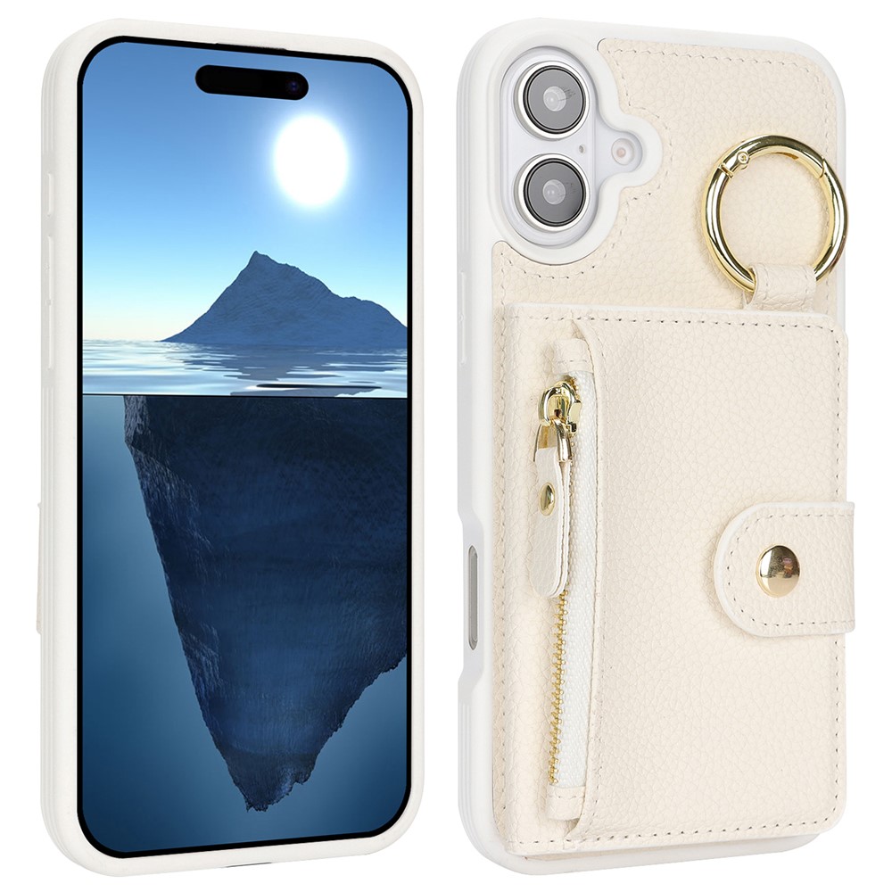 For iPhone 16 Plus Case Litchi Textured PU Leather + TPU Kickstand Phone Cover with Card Slot - White