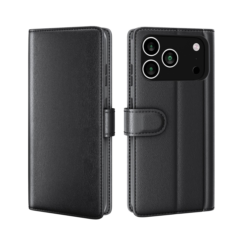 For iPhone 17 Pro Case Genuine Split Leather Phone Cover Wallet Card Slot - Black