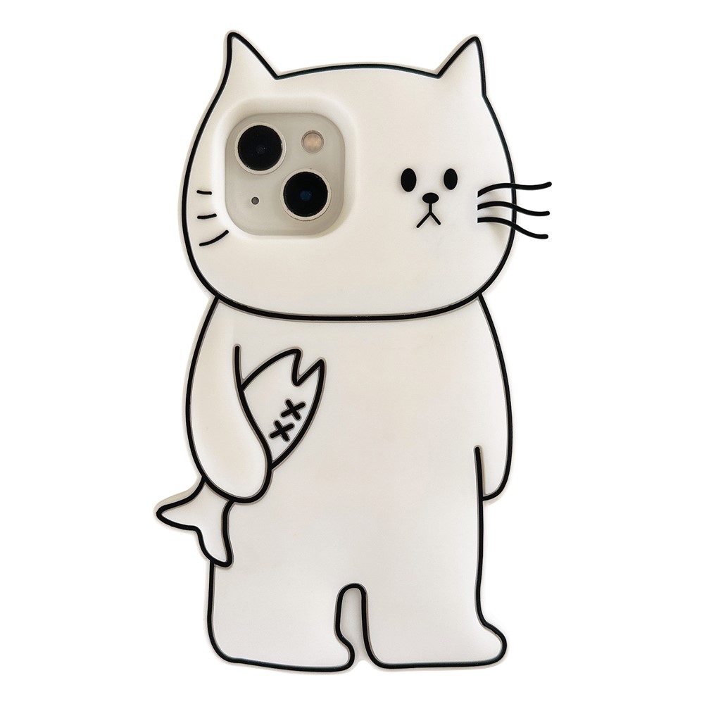 For iPhone 15 Silicone Case Cute White Cat Design Shockproof Phone Back Cover