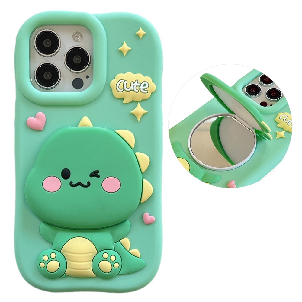 For iPhone 15 Pro Max Silicone Case Cute Dinosaur Mirror Design Shockproof Phone Back Cover