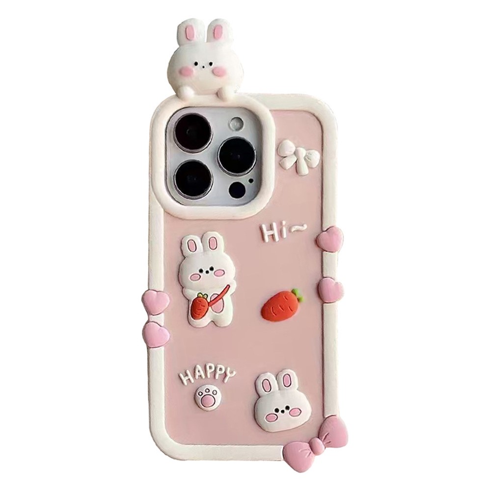 For iPhone 15 Pro Silicone Case Cute 3D Cartoon Carrot Rabbit Design Shockproof Phone Back Cover