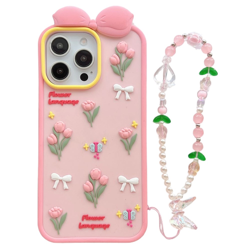 For iPhone 15 Pro Max Silicone Case Cute 3D Tulip Design Shockproof Phone Back Cover with Lanyard