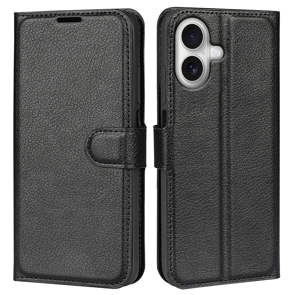 For iPhone 17 Case Litchi Texture Shockproof Leather Wallet Phone Cover - Black