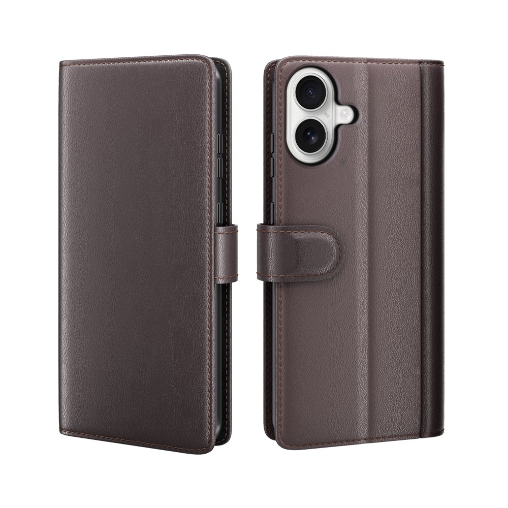 For iPhone 17 Case Genuine Split Leather Phone Cover Wallet Card Slot - Brown