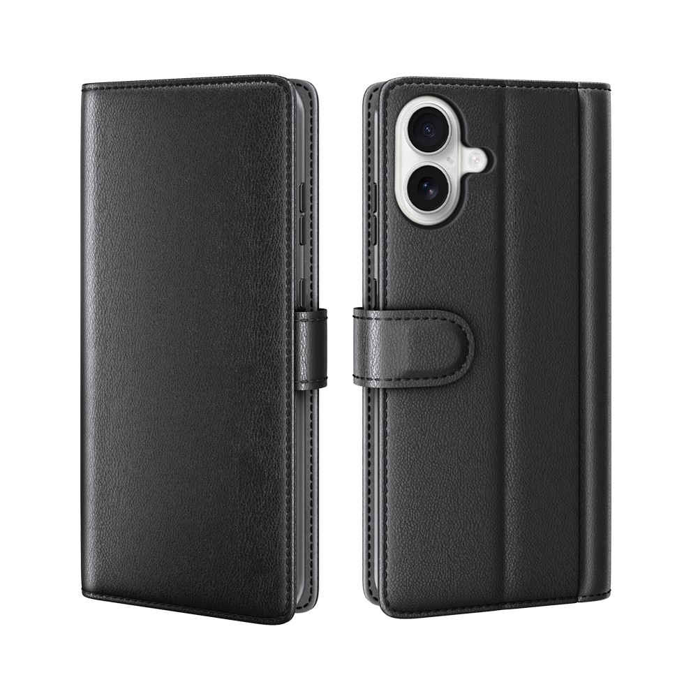 For iPhone 17 Case Genuine Split Leather Phone Cover Wallet Card Slot - Black