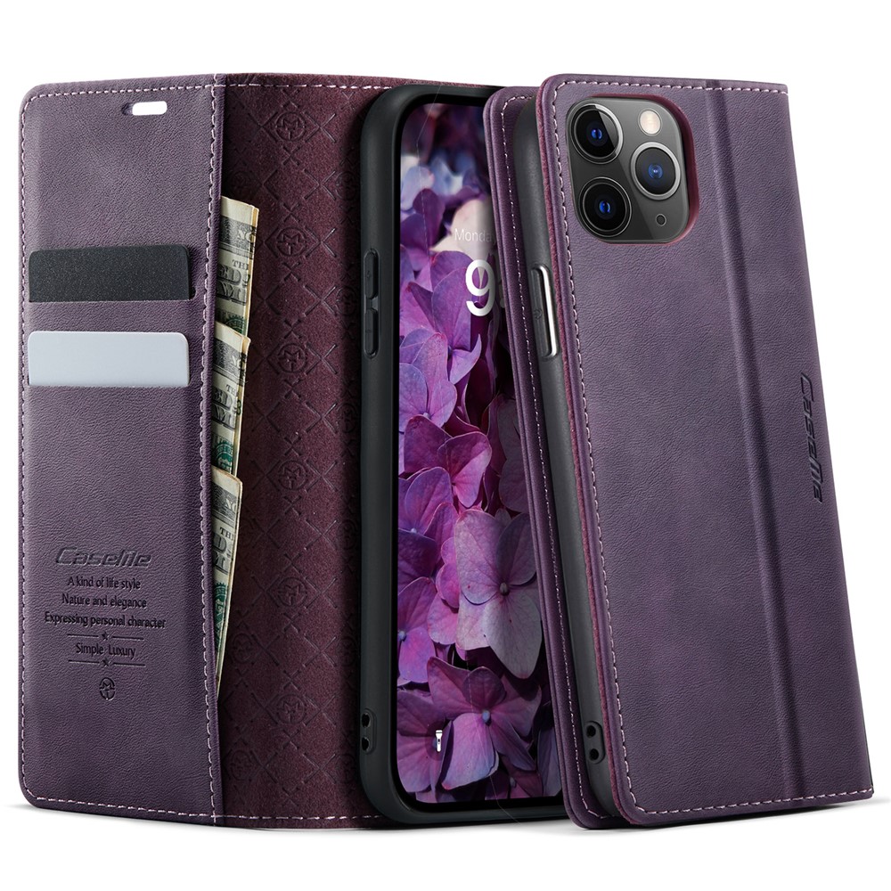 For iPhone 11 Pro Max Case CASEME 033 Series RFID Blocking Wallet Stand Calf Texture Leather Phone Cover - Purple