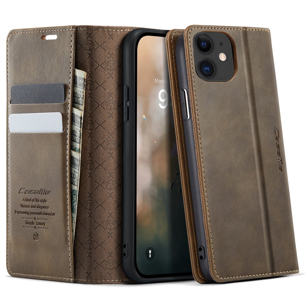 For iPhone 11 Case CASEME 033 Series RFID Blocking Wallet Stand Calf Texture Leather Phone Cover - Coffee