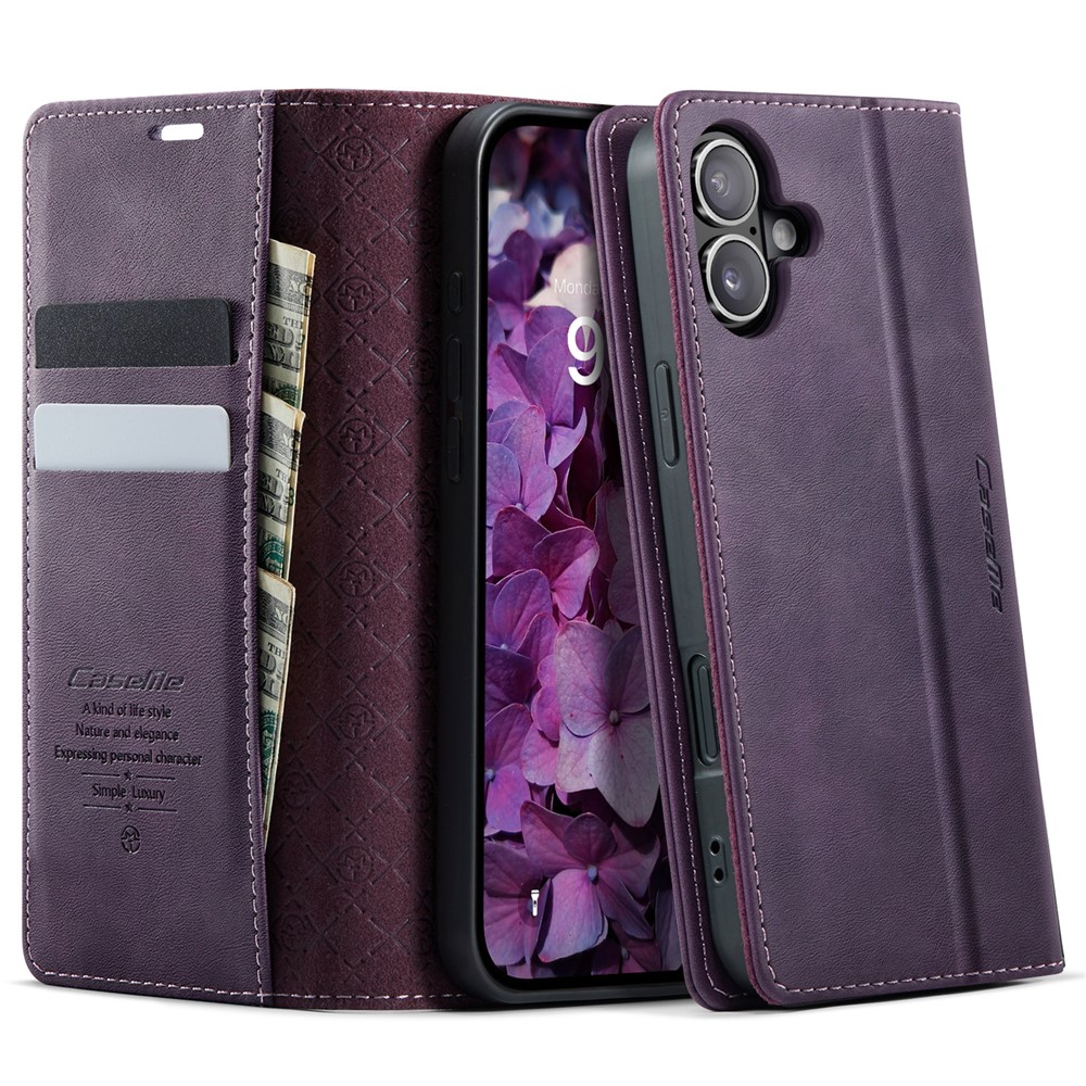 For iPhone 16 Plus Case CASEME 033 Series RFID Blocking Wallet Stand Calf Texture Leather Phone Cover - Purple