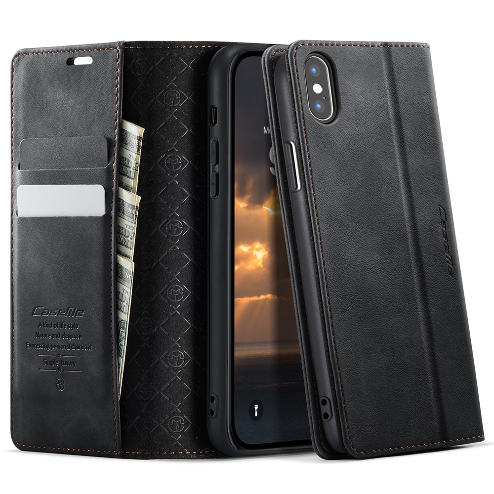 For iPhone XS Max 6.5 inch Case CASEME 033 Series RFID Blocking Wallet Stand Calf Texture Leather Phone Cover - Black