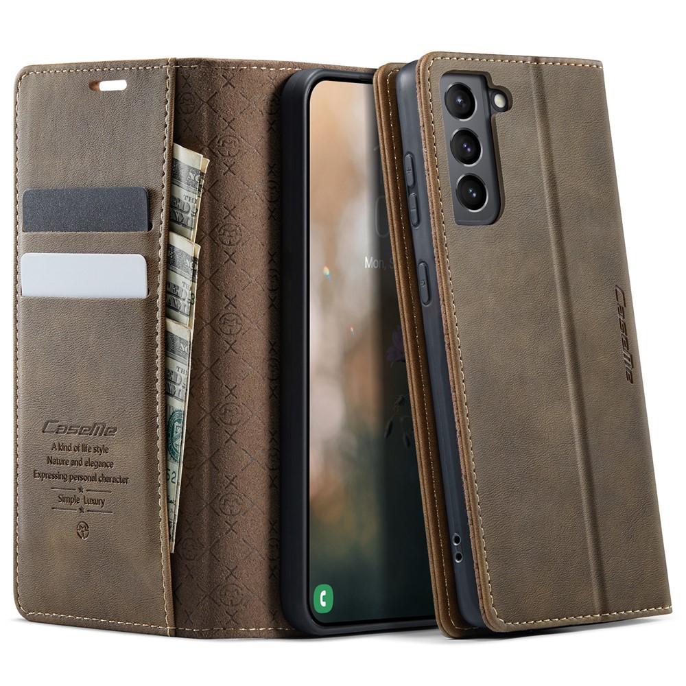 CASEME For Samsung Galaxy S21+ 5G Case  033 Series RFID Blocking Wallet Stand Calf Texture Leather Phone Cover - Coffee