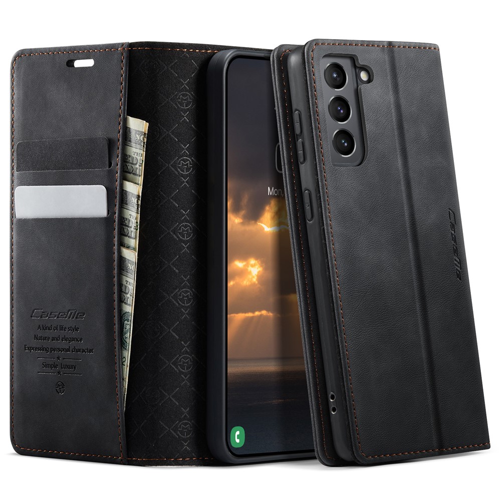 CASEME For Samsung Galaxy S21+ 5G Case 033 Series RFID Blocking Wallet Stand Calf Texture Leather Phone Cover - Black