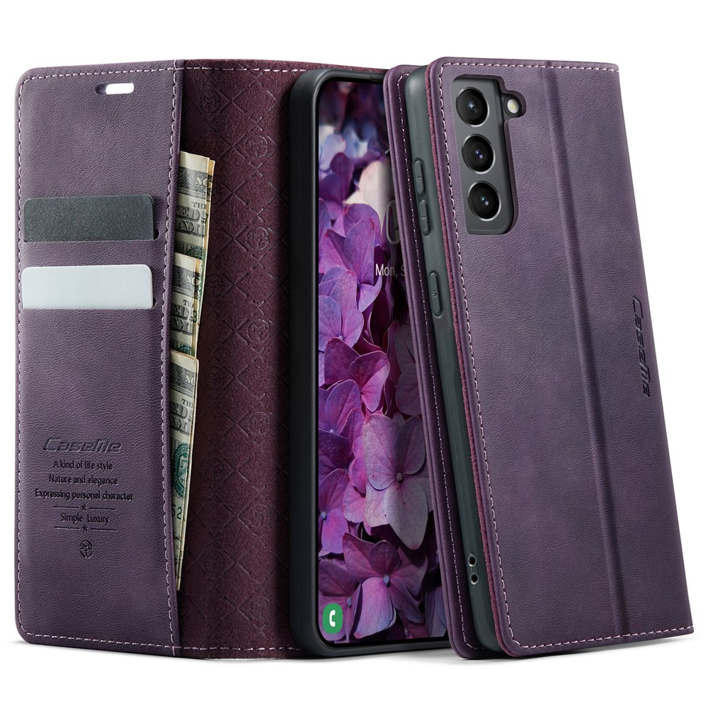 CASEME For Samsung Galaxy S21 5G Case 033 Series RFID Blocking Wallet Stand Calf Texture Leather Phone Cover - Purple