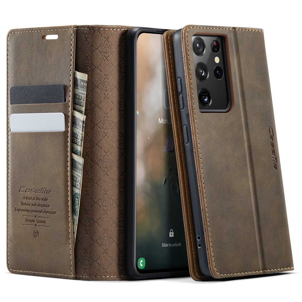 CASEME For Samsung Galaxy S21 Ultra 5G Case 033 Series RFID Blocking Wallet Stand Calf Texture Leather Phone Cover - Coffee