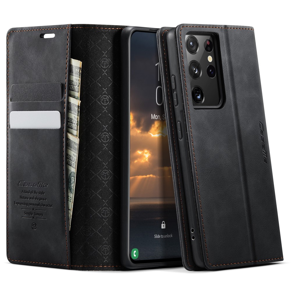 CASEME For Samsung Galaxy S21 Ultra 5G Case  033 Series RFID Blocking Wallet Stand Calf Texture Leather Phone Cover - Black