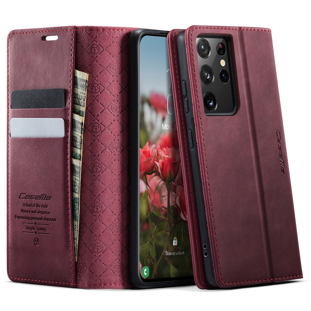 CASEME For Samsung Galaxy S21 Ultra 5G Case  033 Series RFID Blocking Wallet Stand Calf Texture Leather Phone Cover - Red