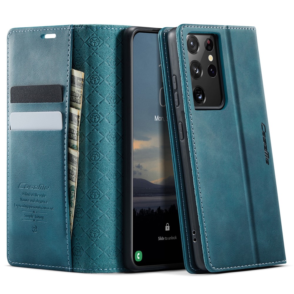 CASEME For Samsung Galaxy S21 Ultra 5G Case 033 Series RFID Blocking Wallet Stand Calf Texture Leather Phone Cover - Green
