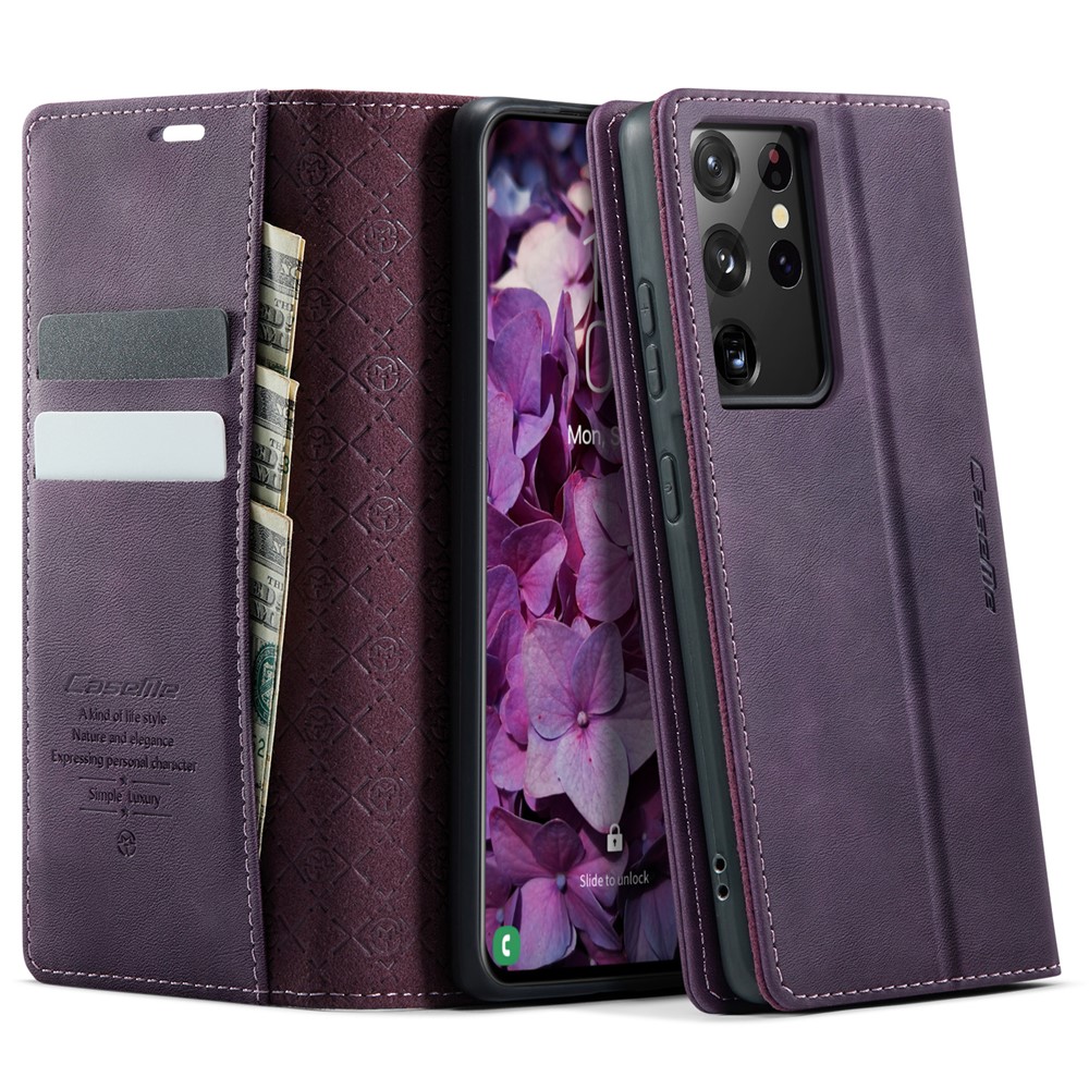CASEME For Samsung Galaxy S21 Ultra 5G Case  033 Series RFID Blocking Wallet Stand Calf Texture Leather Phone Cover - Purple