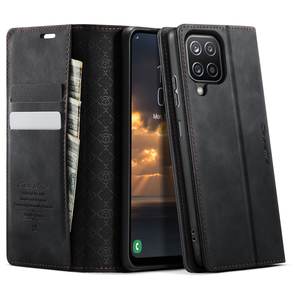 CASEME For Samsung Galaxy A12 Case  033 Series RFID Blocking Wallet Stand Calf Texture Leather Phone Cover - Black
