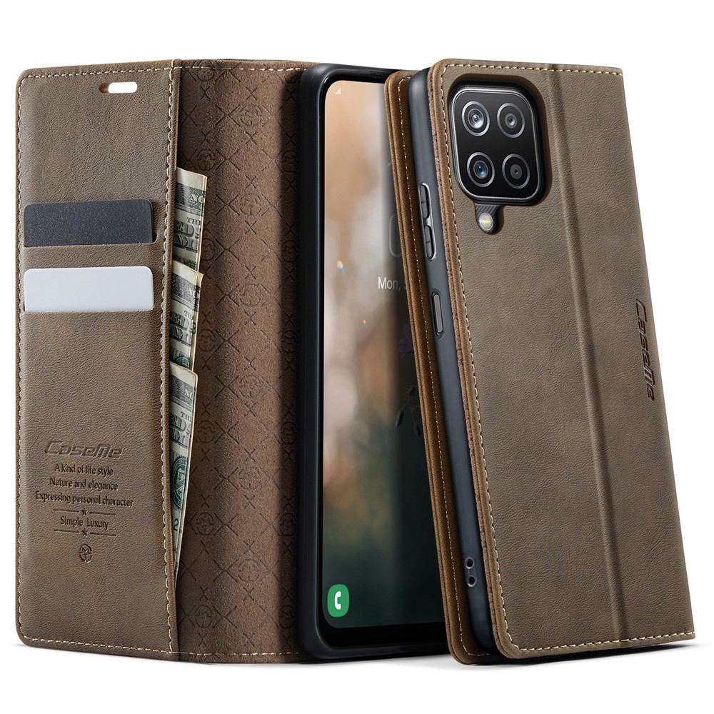 CASEME For Samsung Galaxy A12 Case  033 Series RFID Blocking Wallet Stand Calf Texture Leather Phone Cover - Coffee